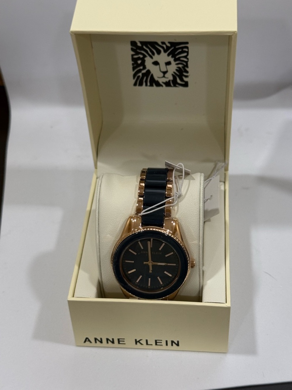 Anne Klein Rose Gold and Black Dial Ceramic Link Watch